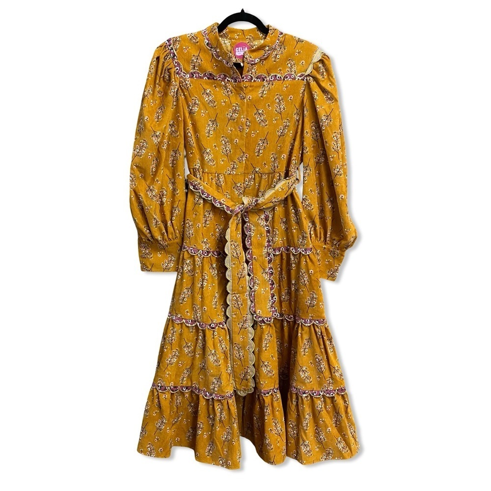 CeliaB Willow Dress Mustard Floral Long Sleeve Dress corduroy print midi NWT L - Picture 7 of 10
